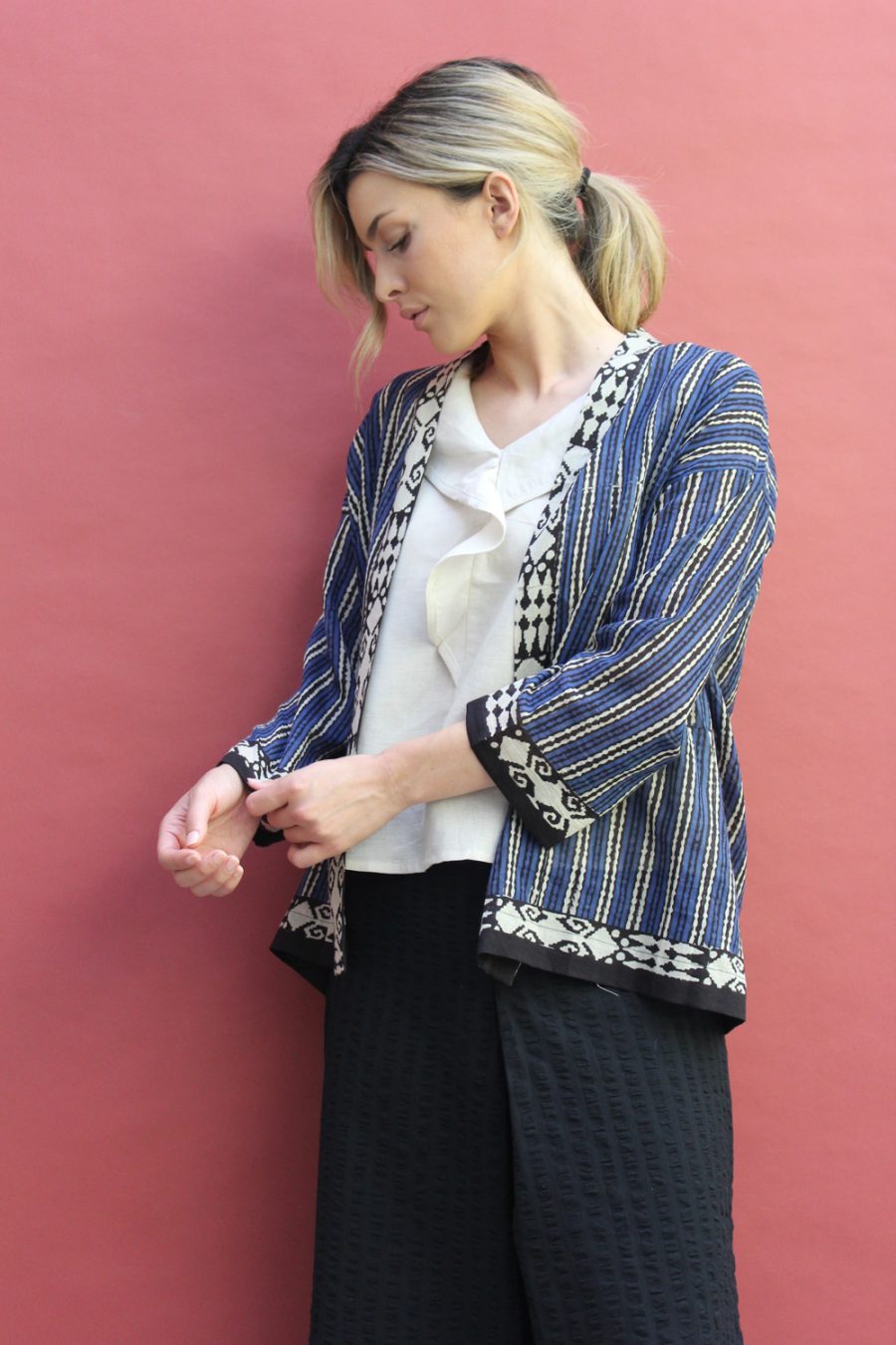 Kimono cotone stampa a mano blockprint disegno Multirighe - immagine 2