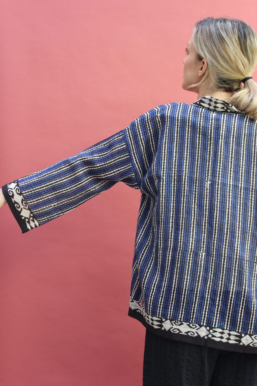 Kimono cotone stampa a mano blockprint disegno Multirighe - immagine 3