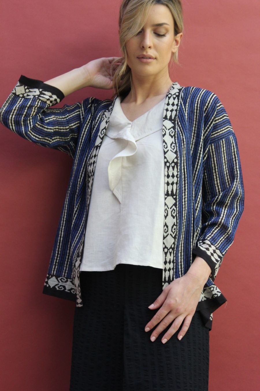 Kimono cotone stampa a mano blockprint disegno Multirighe