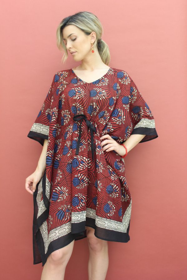 Caftano con coulisse cotone stampa a mano blockprint disegno Geometrico