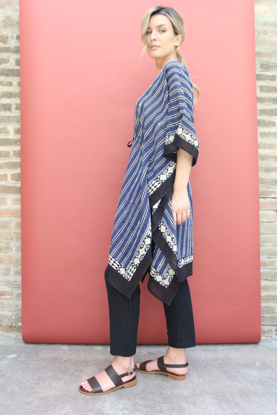 Caftano con coulisse cotone stampa a mano blockprint disegno Multirighe - immagine 2