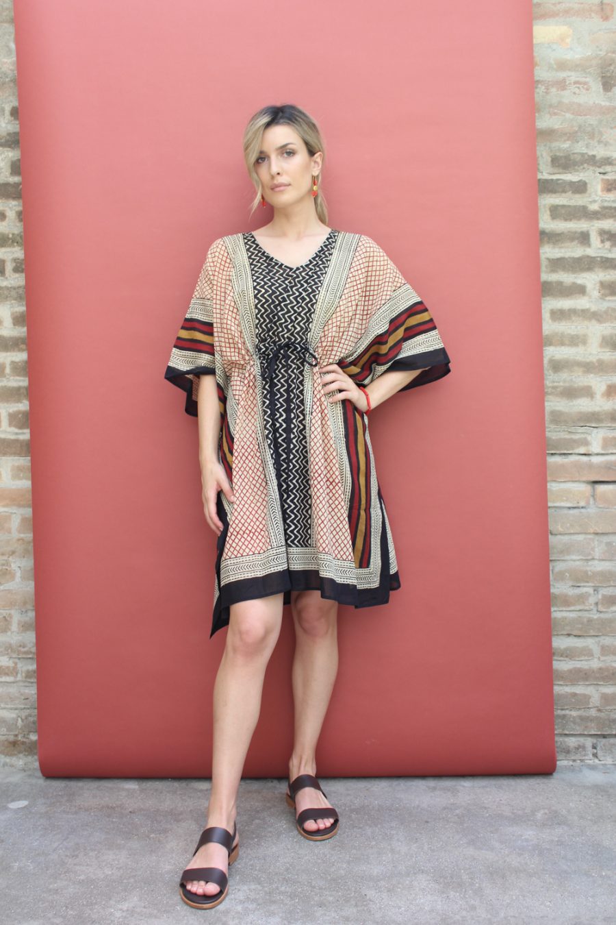 Caftano con coulisse cotone stampa a mano blockprint disegno Chevron