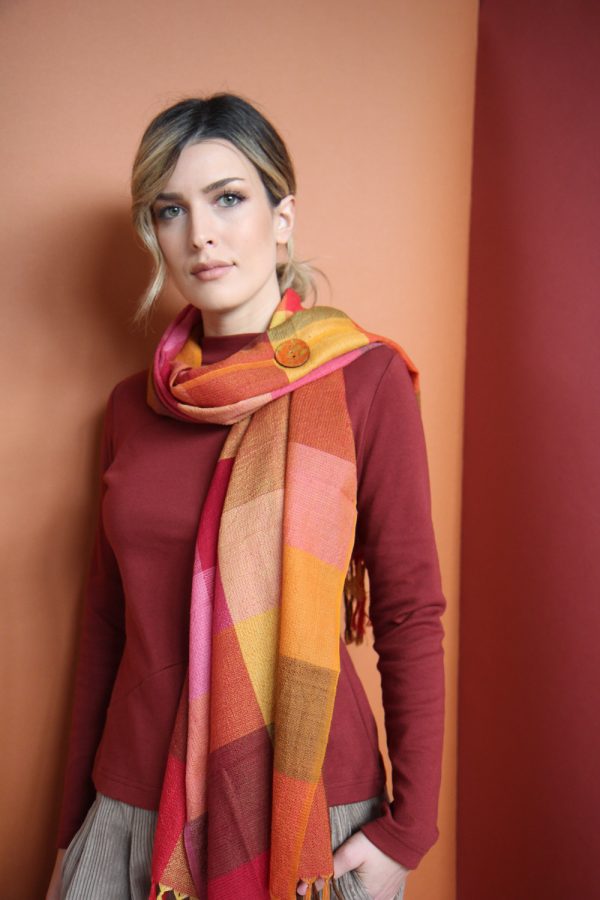 Stola in misto cotone e lana a scacchi rosso