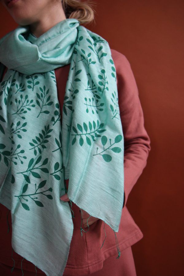 Sciarpa in cotone e seta stampa Spirale Fiori, verde menta
