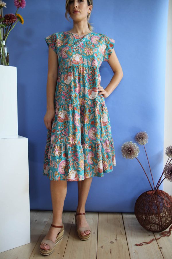 Abito Candice in cotone con stampa block print disegno "Prato Fiorito"