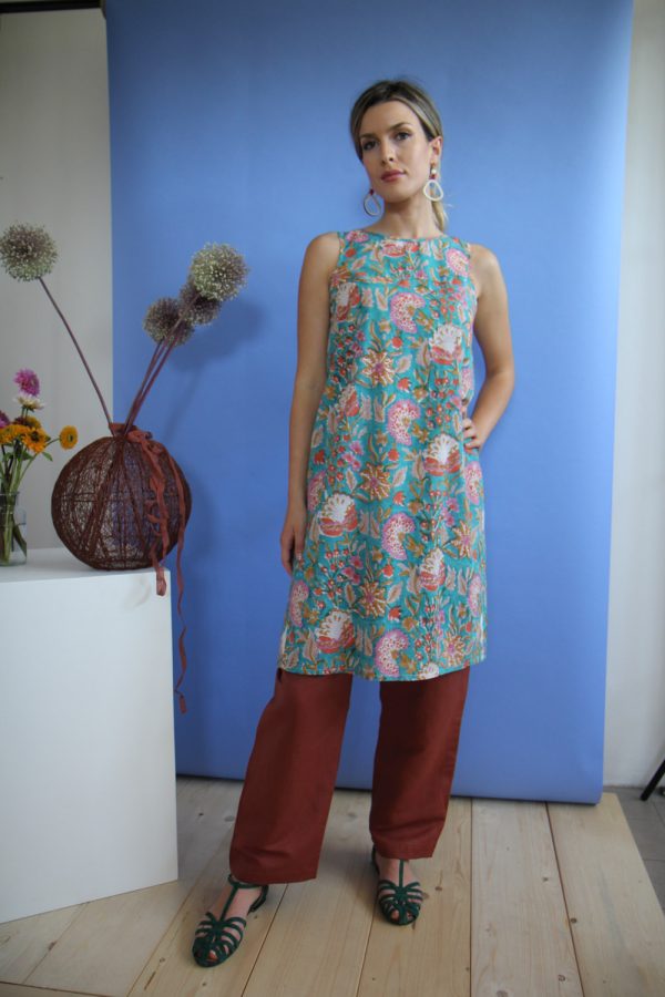 Abito Bindia in cotone con stampa block print disegno "Prato Fiorito"