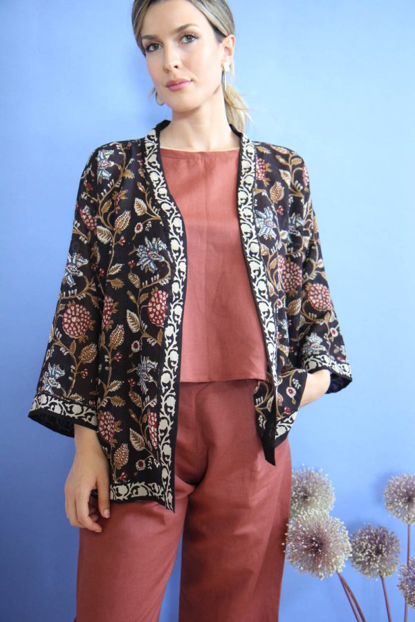 Kimono in cotone con stampa block print disegno "Eden"