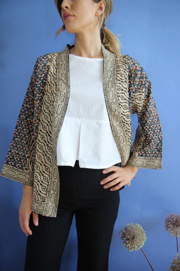 kimono in cotone con stampa block print disegno "Fiore di Pavone"