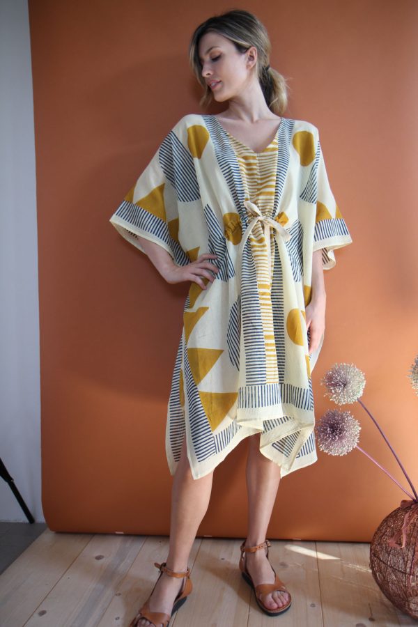 Caftano con coulisse in cotone con stampa block print disegno "Dune"