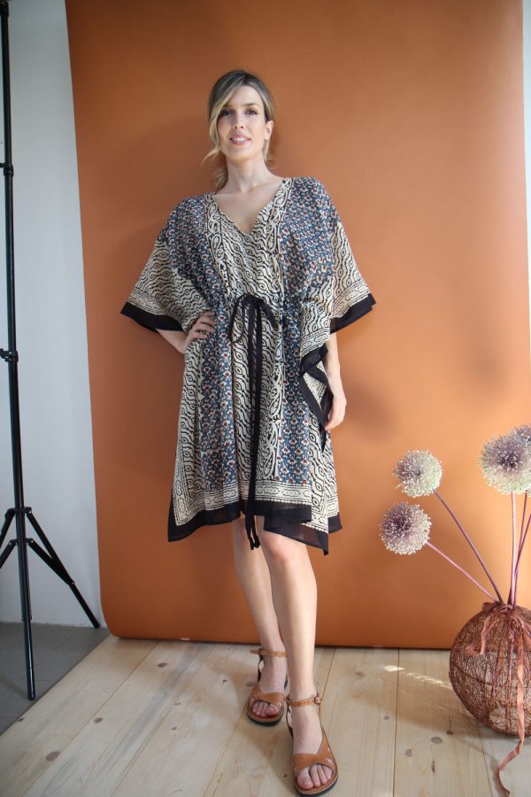 Caftano con coulisse in cotone con stampa block print disegno "Fiore di Pavone"