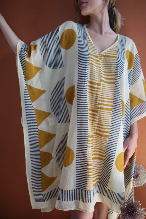 Caftano in cotone con stampa block print disegno "Dune"