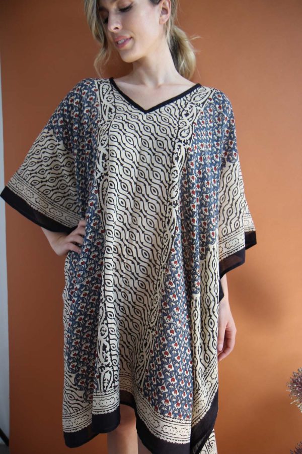 Caftano in cotone con stampa block print disegno "Fiore di Pavone"