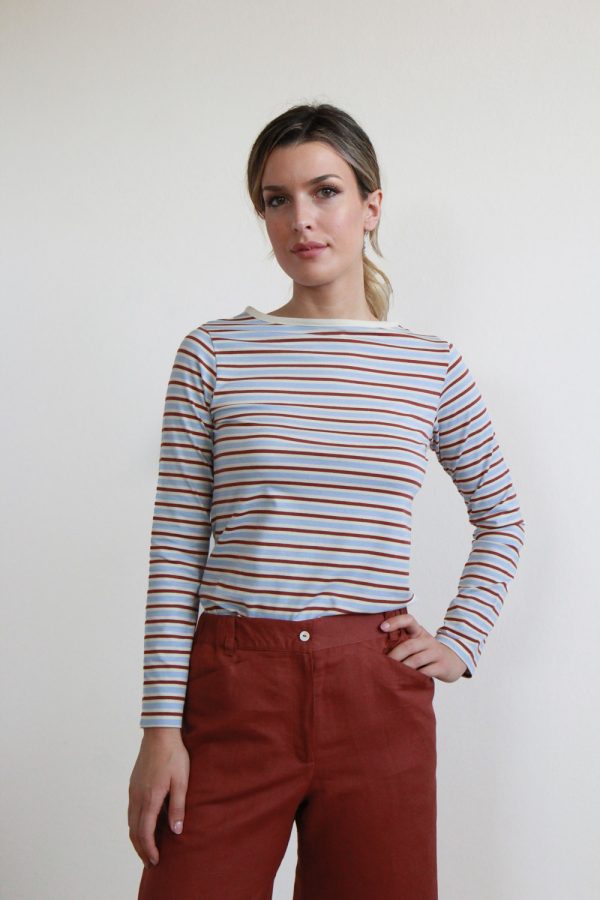 T-shirt Bateau in jersey di cotone biologico stretch a righe