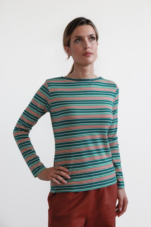 T-shirt Bateau in jersey di cotone biologico stretch a righe