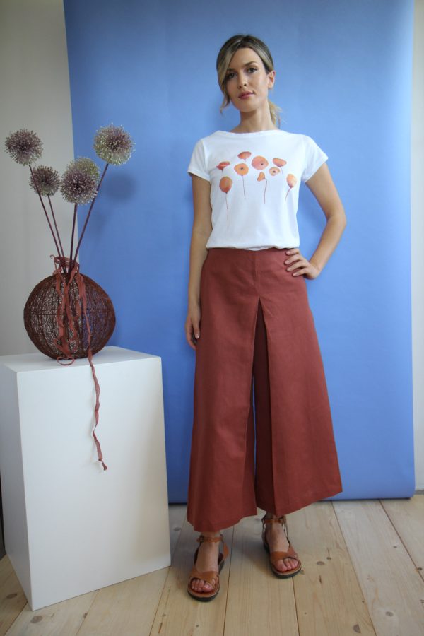 T-shirt in jersey di cotone biologico, dipinta a mano, Les Pavots, cannella