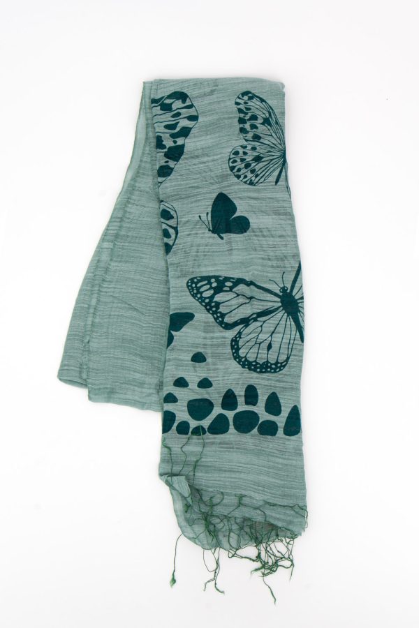 Sciarpa cotone e seta stampa farfalle verde salvia