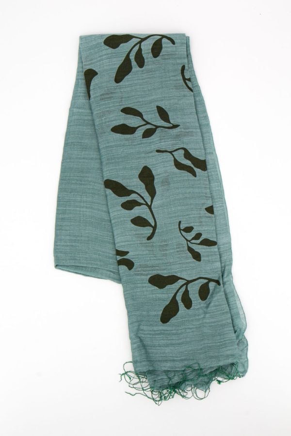 Sciarpa cotone e seta stampa foglie e rametto, verde salvia