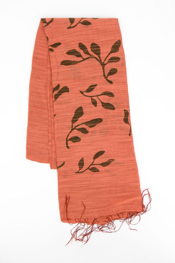 Sciarpa cotone e seta stampa foglie e rametto, arancio