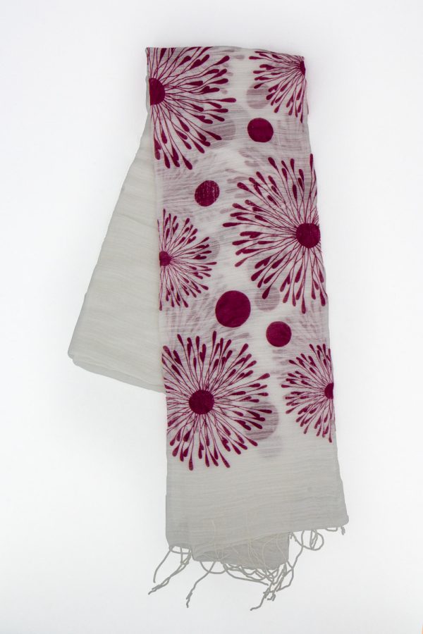 Sciarpa in cotone e seta stampa fiore dente di leone, bianco