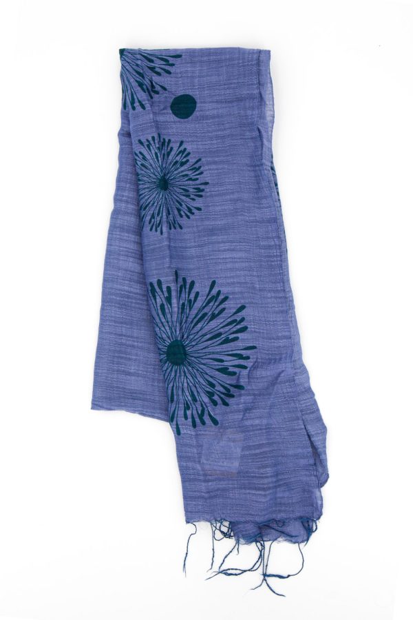 Sciarpa in cotone e seta stampa fiore dente di leone, blu oltremare