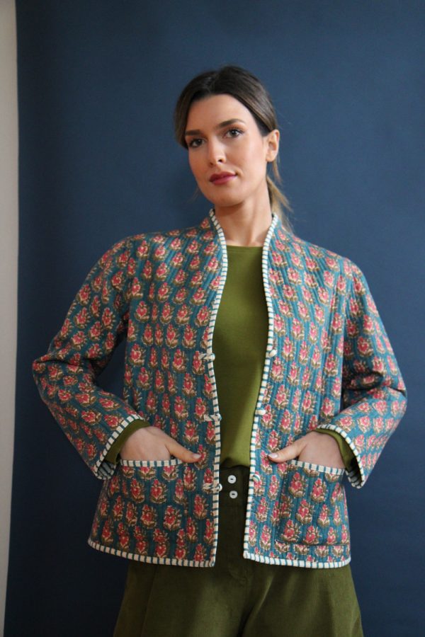 Giacca trapuntata in cotone con bottoni, block print Elleboro