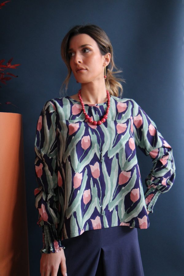 Blusa Ila, block print Tulipani Pastello