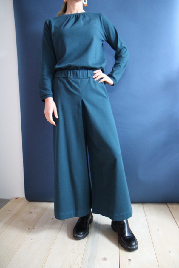 Pantalone Vele con banda elastica in felpa di cotone biologico blu-verde