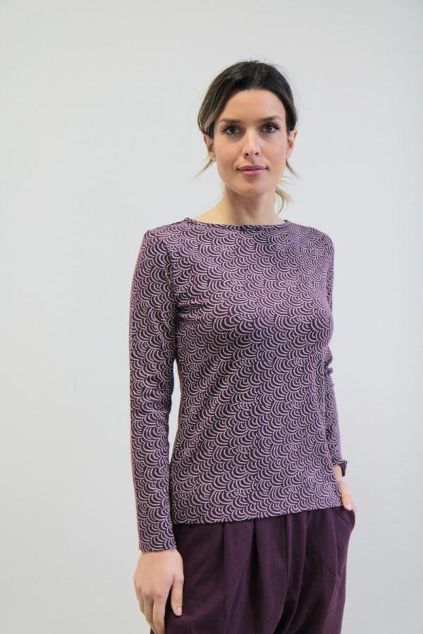 T-shirt Bateau jersey stretch bio stampata prugna