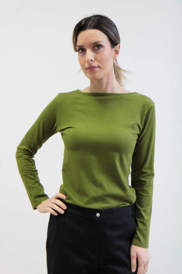 T-shirt Bateau jersey stretch bio verde oliva